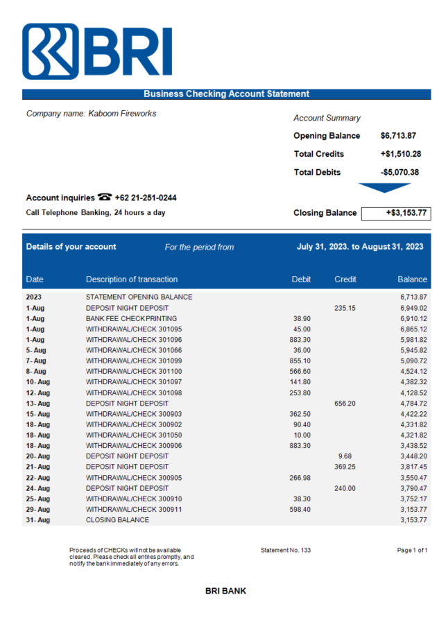 Modèle Word et PDF de relevé bancaire professionnel de la Banque BRI